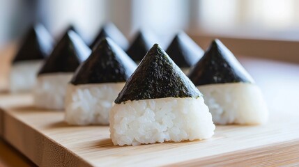 Triangular onigiri rice balls neatly arranged on wooden surface  