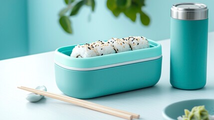Minimalist lunch setup with onigiri container, chopsticks, and thermos  