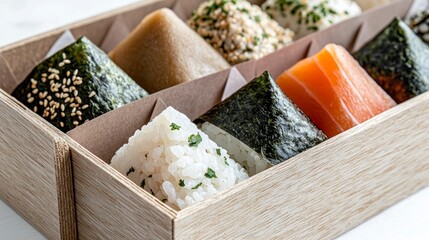 Neatly arranged Onigiri lunch set inside modern lunch box with rice triangles  