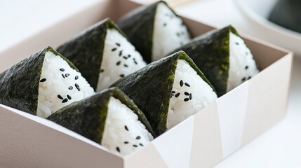Neatly arranged onigiri lunch set in modern lunch box with nori  