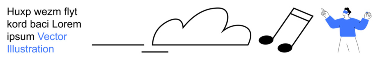 Cloud storage, music streaming, digital networks, online sound sharing, creative content, modern media technology. A cloud, musical note and person wearing blue. Music streaming and cloud storage