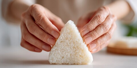 Hands shaping onigiri by hand without mold in calm lunch prep ritual  