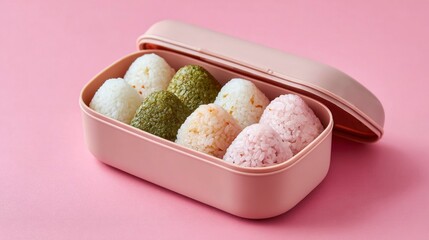Opened lunch box revealing neatly arranged onigiri with different fillings  