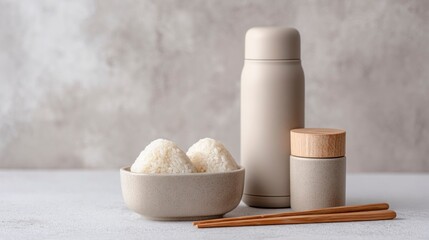 Minimalist onigiri lunch set with container and chopsticks on neutral background  