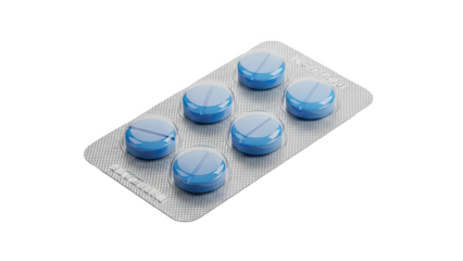 Blue pills in blister pack on transparent background