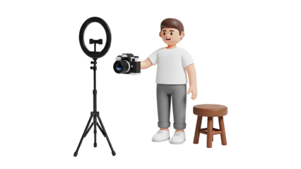 3D Cartoon Man with Camera and Ring Light on transparent background
