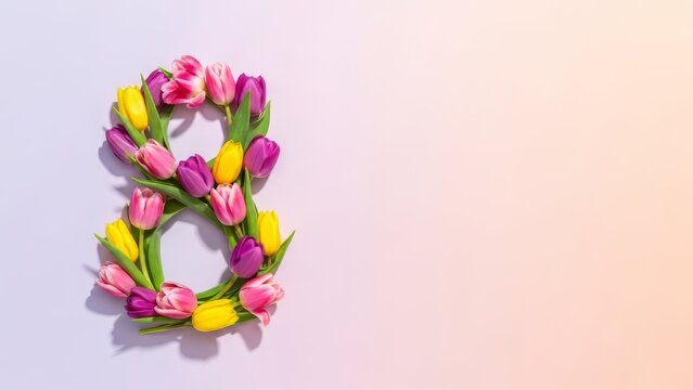 Number eight shape made of fresh colorful tulips on pastel pink background. International Women's Day greeting card concept. Top view, flat lay with copy space for March 8 celebration and spring.