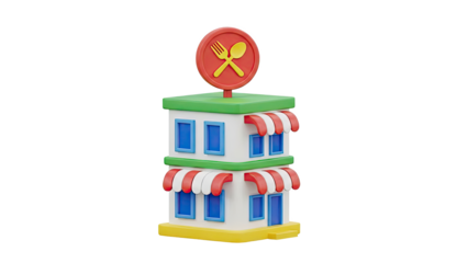 3D Cartoon restaurant building with fork and spoon icon on transparent background