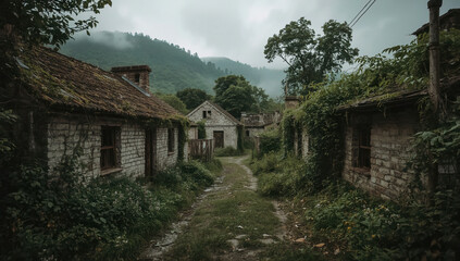 Abandoned mountain village overgrown with vines, misty forested mountains in the background.
