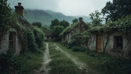 Abandoned mountain village overgrown with vines, misty forested mountains in the background.