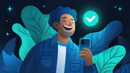 Joyful Young Person Smiling While Holding a Smartphone Surrounded by Vibrant Leaves and a Glowing Check Mark Icon During a Digital Experience