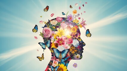 Fototapeta premium Human head silhouette blooming with colorful flowers and monarch butterflies flying out. Conceptual art representing mental health, creativity, positive thinking, and psychology. Blue sky background.