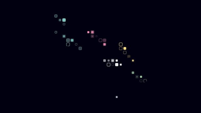 Solomon Islands animation. Shape of the country with pulsating colored dots. Large size rounded square blocks. Digital style Solomon Islands map on dark background. Classy video.