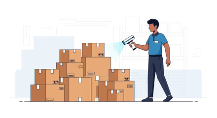 A man in a blue shirt scanning boxes with a handheld device in a warehouse setting.