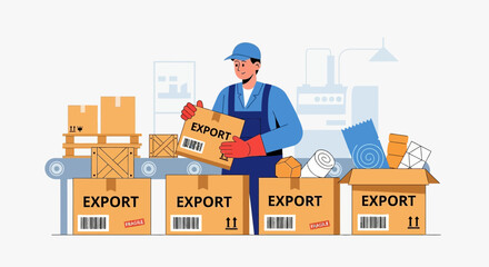 Logistics worker carefully packing boxes labeled 'EXPORT' for international shipping on a conveyor belt.
