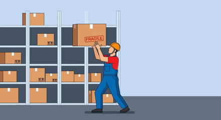 Warehouse worker carefully places a fragile package on a high shelf in a storage facility.