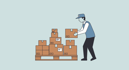 A delivery person carefully places a box onto a stack of packages on a wooden pallet.