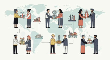 Diverse people exchanging gifts and cultural items across a world map, symbolizing global connection and exchange.