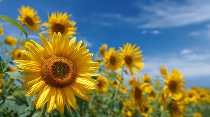 High quality image of field of sunflowers blooming under a clear blue sky with white clouds.