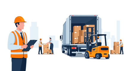 Logistics and supply chain management illustration showing warehouse workers loading a truck with boxes using a forklift and a supervisor overseeing the operation.