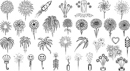 Fototapeta premium Black and White Line Art Illustrations of Fireworks and Pyrotechnics for Celebrations and Holidays