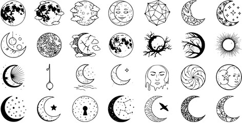 Celestial Icons Set: Moon, Sun, Stars, Zodiac Symbols  Mystical Elements, Black and White Line Art for Astrology  Esoteric Designs © evalova