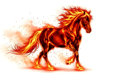 Powerful fiery horse illustration in motion, isolated on white background, representing speed, passion, strength, and zodiac symbolism.