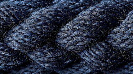 High quality image of detailed close-up of dark indigo braided rope material texture.