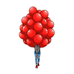 Person holding a large cluster of red balloons isolated on transparent background