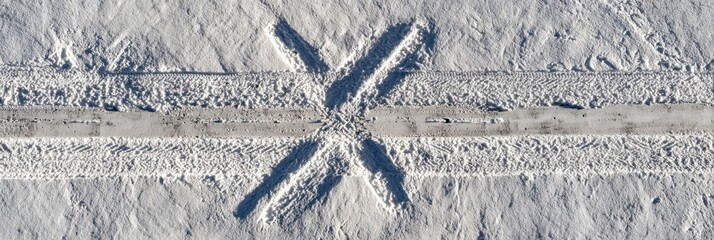 Snowy Landscape Featuring Patterns Created by Vehicles and Natural Forces in a Winter Setting