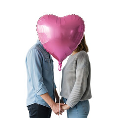 Couple holding heartshaped balloon in romantic pose isolated on transparent background