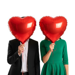 Couple holding heart balloons in front of faces on transparent background