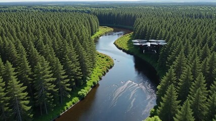 Aerial view of winding river flowing through dense green pine forest
