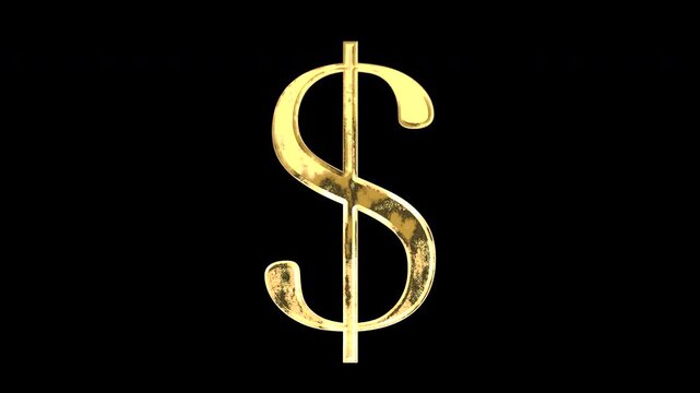 Gold dollar sign, light reflecting and patterns shifting, alpha channel