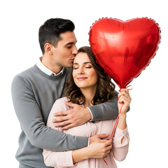 Couple holding heart balloon in loving embrace isolated on transparent background