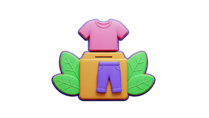 3D Icon of Donation Box with Clothes and Leaves