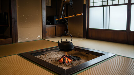 Japanese home interior featuring irori fireplace and tetsubin kettle