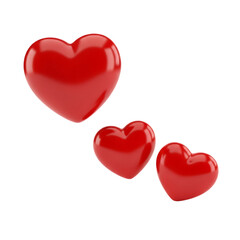 Three red glossy hearts in descending sizes isolated on transparent background