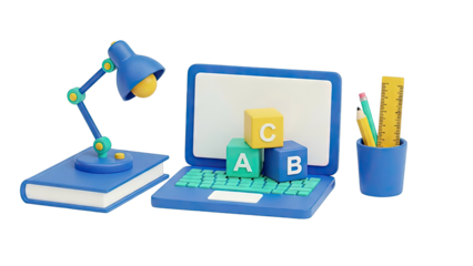 3D illustration of cartoon learning tools on white background
