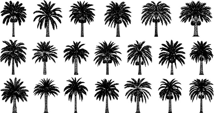 Tropical Nature Palm Trees Black and White Silhouette Vector Set. Hand-drawn Collection of Various Date Palm Icons for Summer Vacation, Travel, Food and Environment Design Elements.