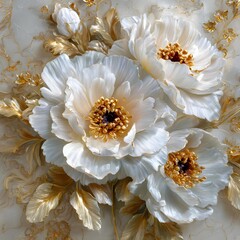 3d white flower painting, white and gold background, ultra-high definition details
