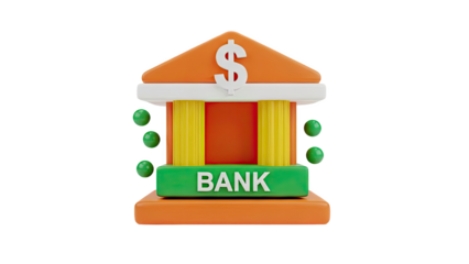 3D Bank Building Icon with Dollar Sign and Green Spheres