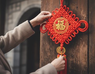 Hand placing a traditional Chinese decoration.