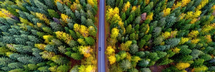 Breathtaking Aerial View of Colorful Autumn Forest With a Winding Road Surrounded by Vibrant Trees
