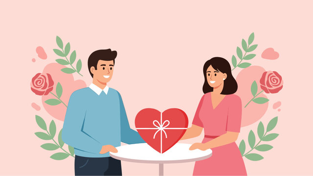 Couple exchanging a gift wrapped in red ribbon and bow, symbolizing love and romance