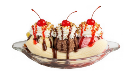 Delicious banana split dessert with whipped cream and cherries isolated on transparent background