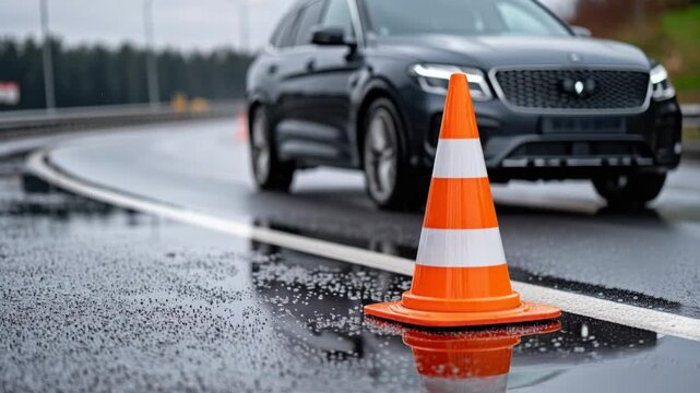 Orange traffic cone with white stripes on wet asphalt road with a car driving past.