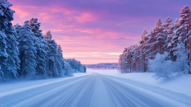 A snow-covered road stretching through a frosty forest under a vibrant sunset sky