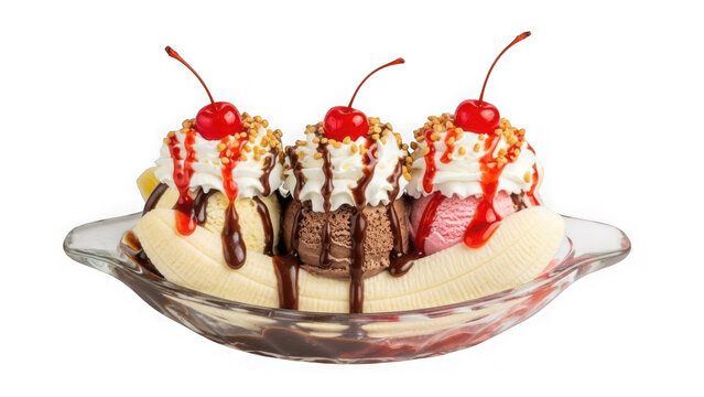 Delicious banana split dessert with whipped cream and cherries isolated on transparent background