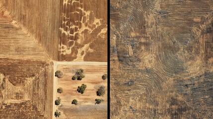 Aerial View of Agricultural Fields Showing Contrasting Patterns and Textures Under Bright Sunlight